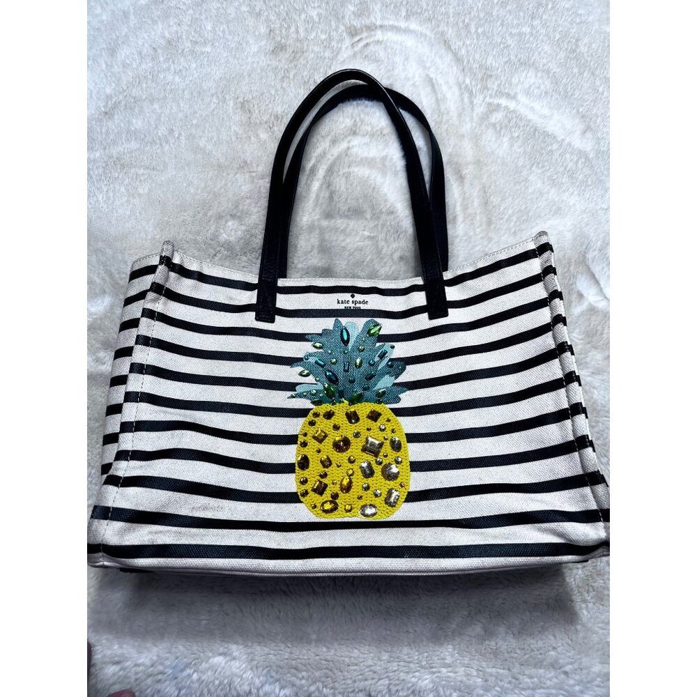 Kate Spade by the pool Pineapple-Embellished Canvas Tote mega Bag Black & White